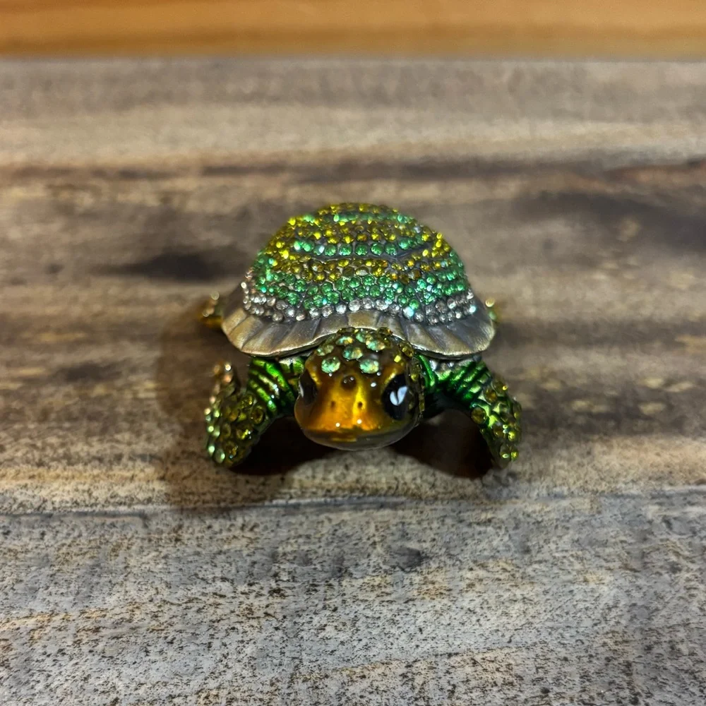 Green and Gold Rhinestone Turtle Jewelry Keeper
